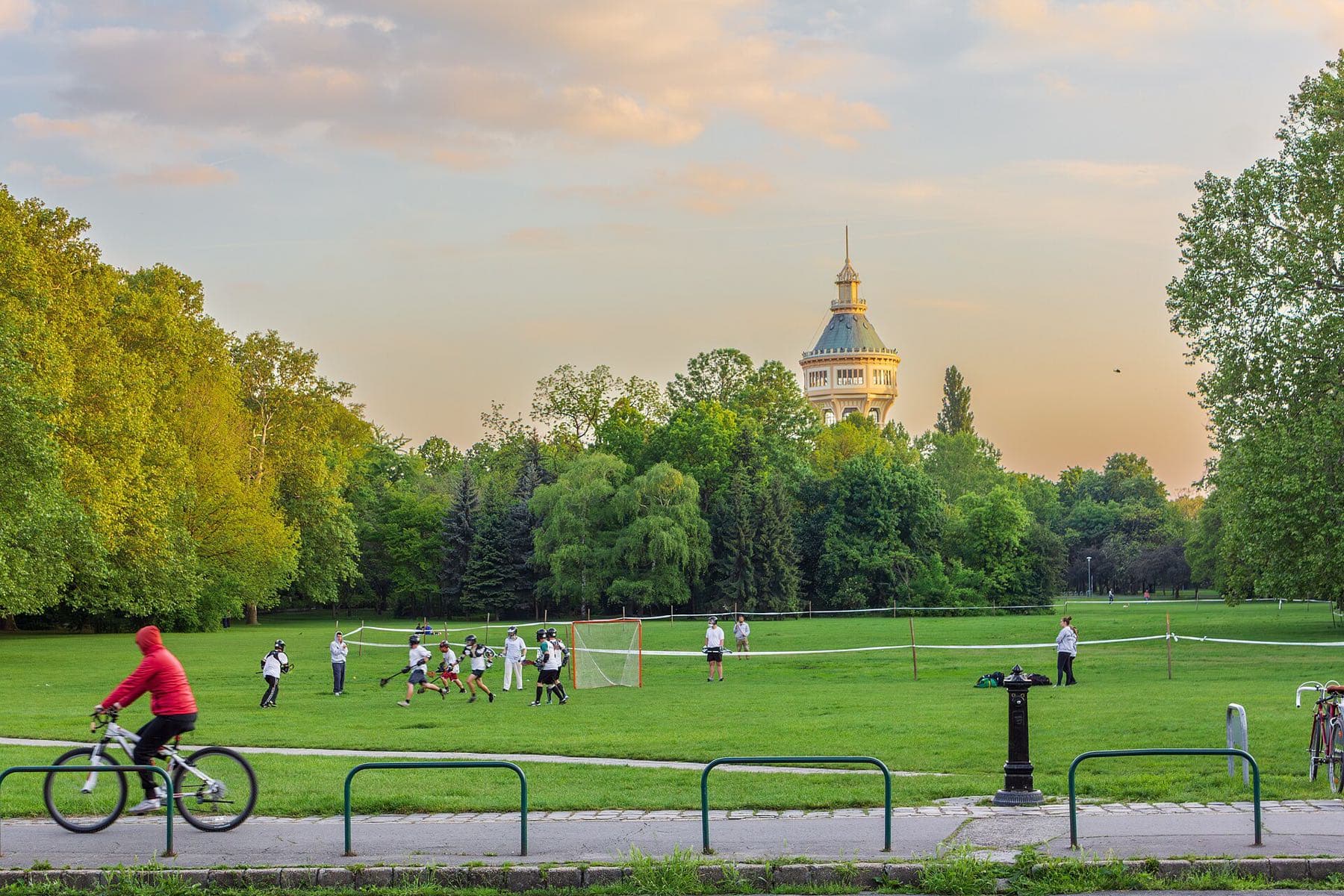 Een groot grasveld op het Margaretha-eiland bij zonsondergang met sporters, een fietser en de oude watertoren boven de bomen